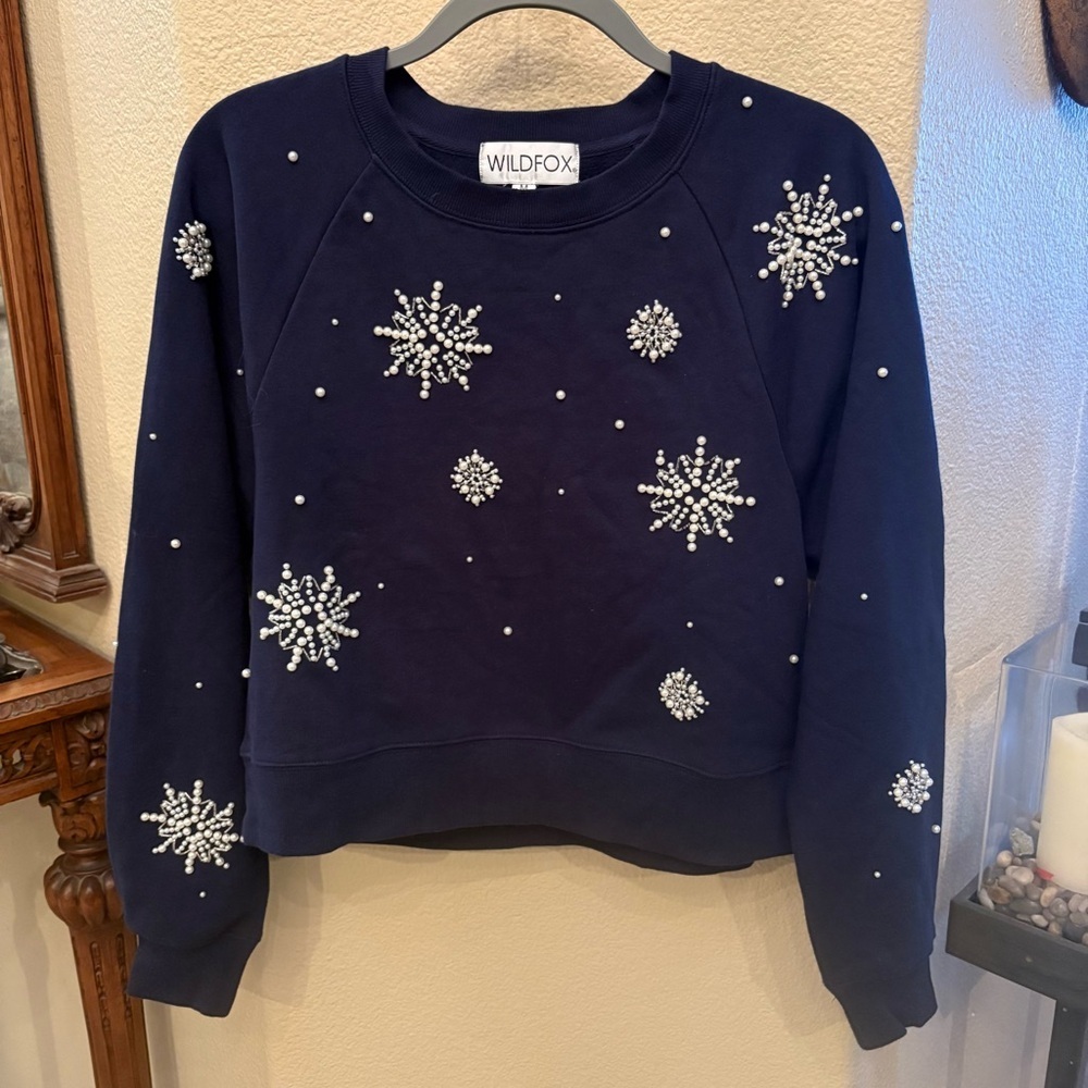 Wildfox Navy Pearl & Bead Snowflake Embellishment Pullover Sweater Size Medium